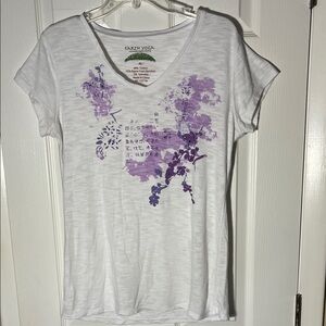 Earth yoga bamboo cotton sustainable organic V-neck T-shirt top purple white XL